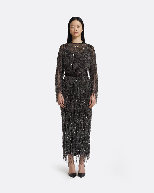 Lyran Midi Dress in Peat Brown on Black with Gunmetal