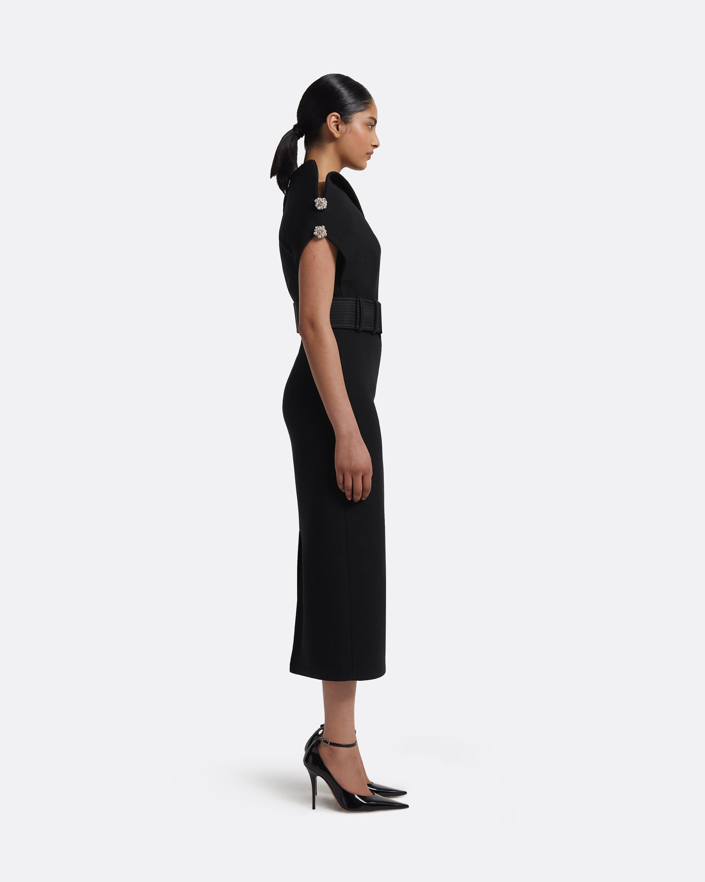 Reina Midi Dress in Black with Crystal and Belt