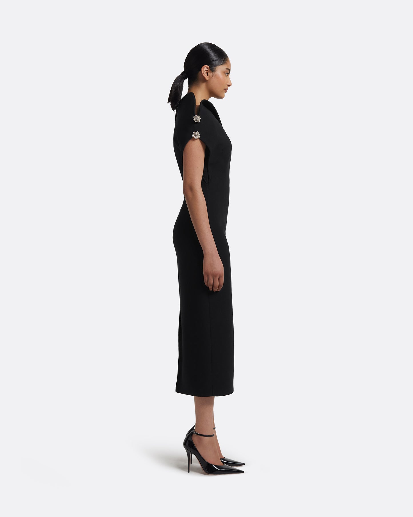 Reina Midi Dress in Black with Crystal