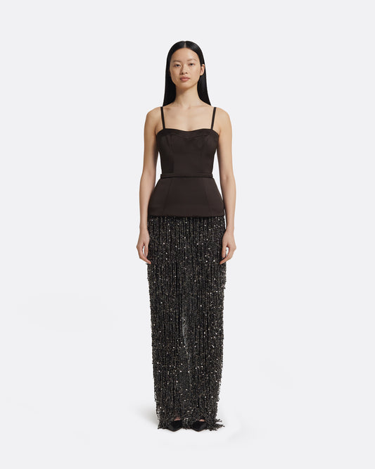 Saori Long Dress in Peat Brown On Black