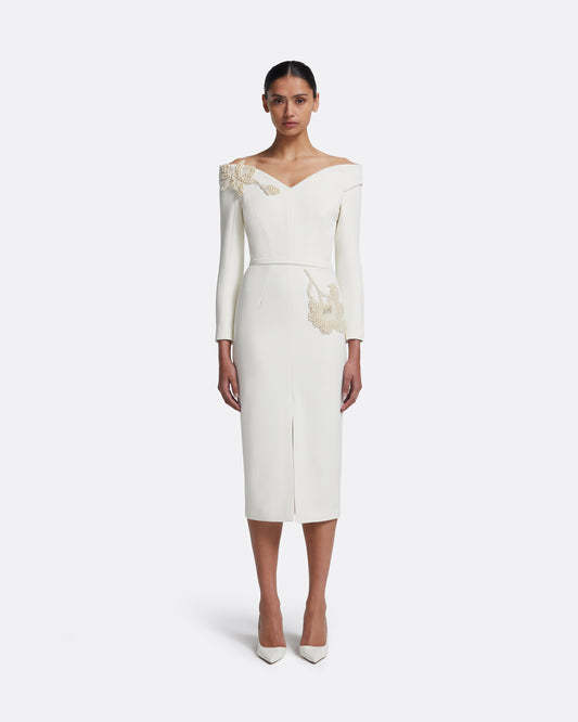 Asuman Midi Dress in Ivory with Pearl Embroidery