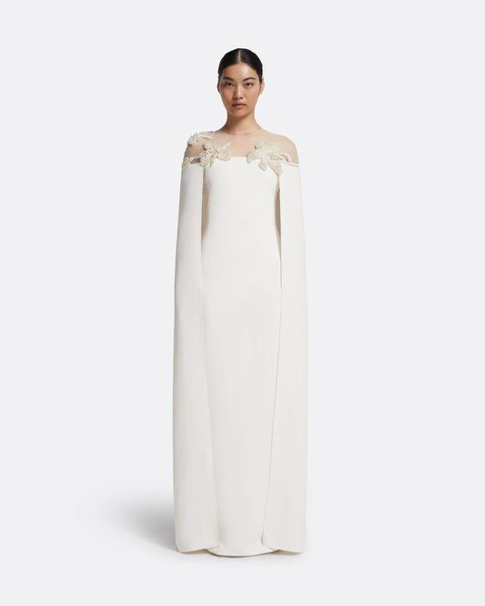 Ambere Long Dress in Ivory with Pearl Embroidery