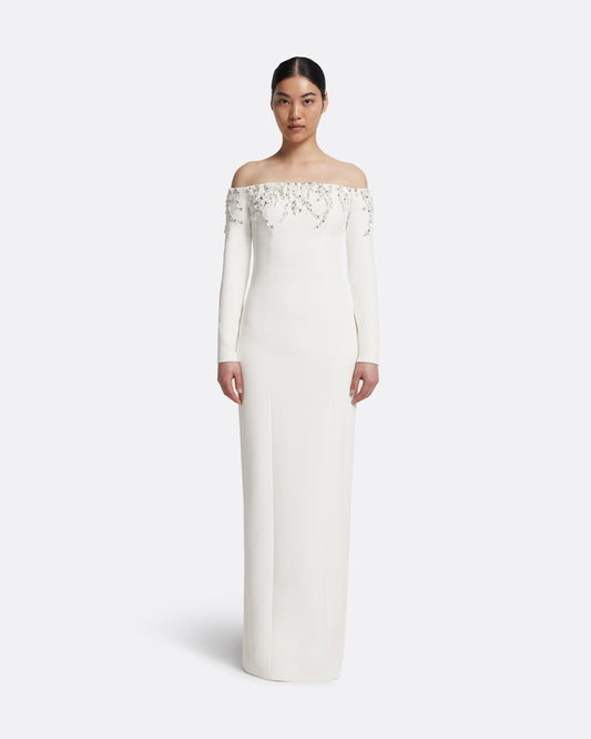 Gioia Long Dress in Ivory with Crystal Embroidery