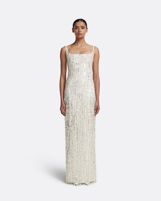 Kristena Long Dress in Ivory with Crystal Embellishment