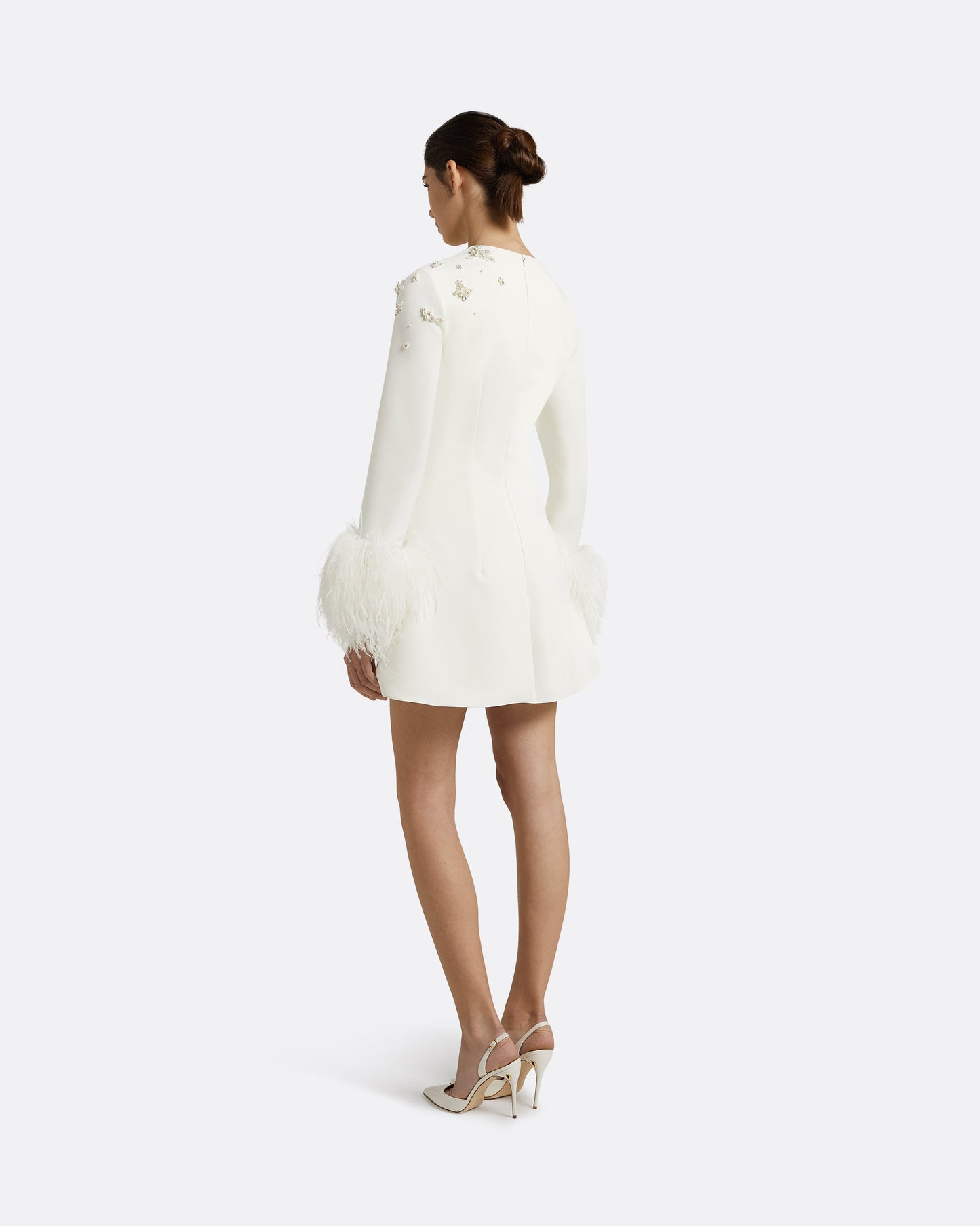 Rena Ivory Feather-trimmed Short Dress
