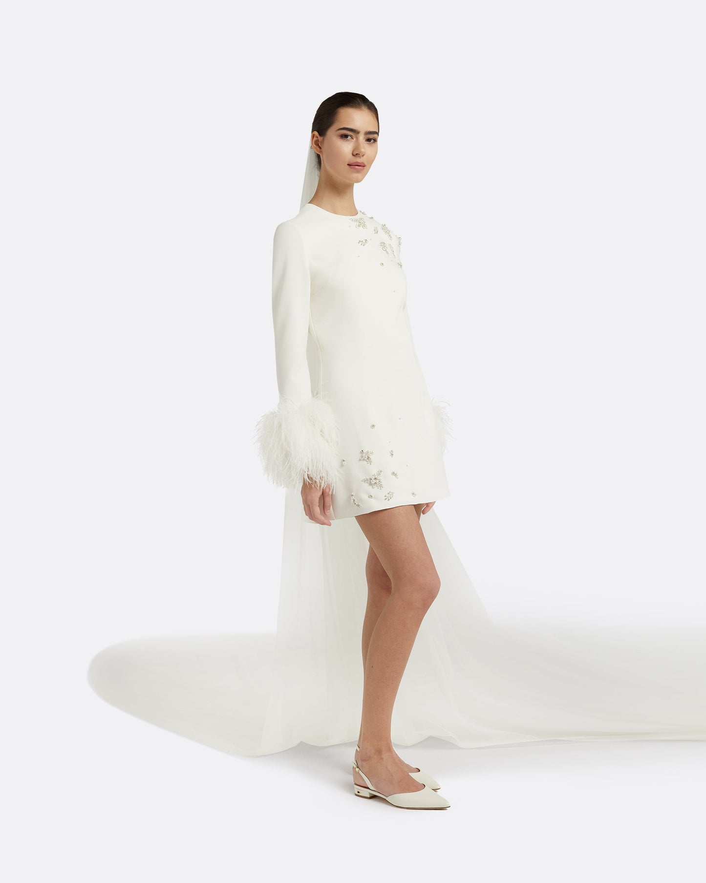 Rena Ivory Feather-trimmed Short Dress