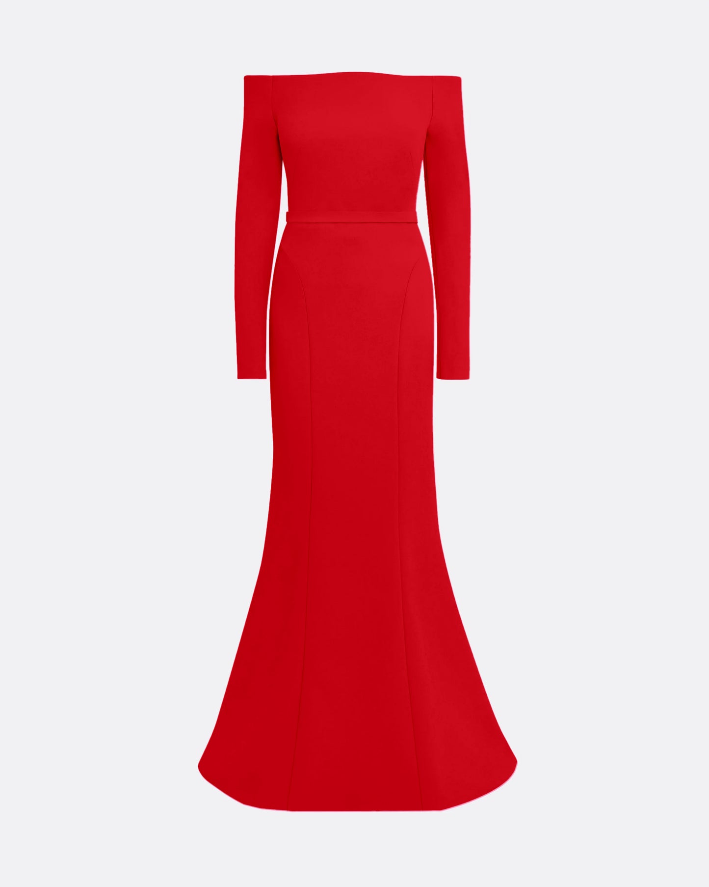 Red off-shoulder gown on a light gray background