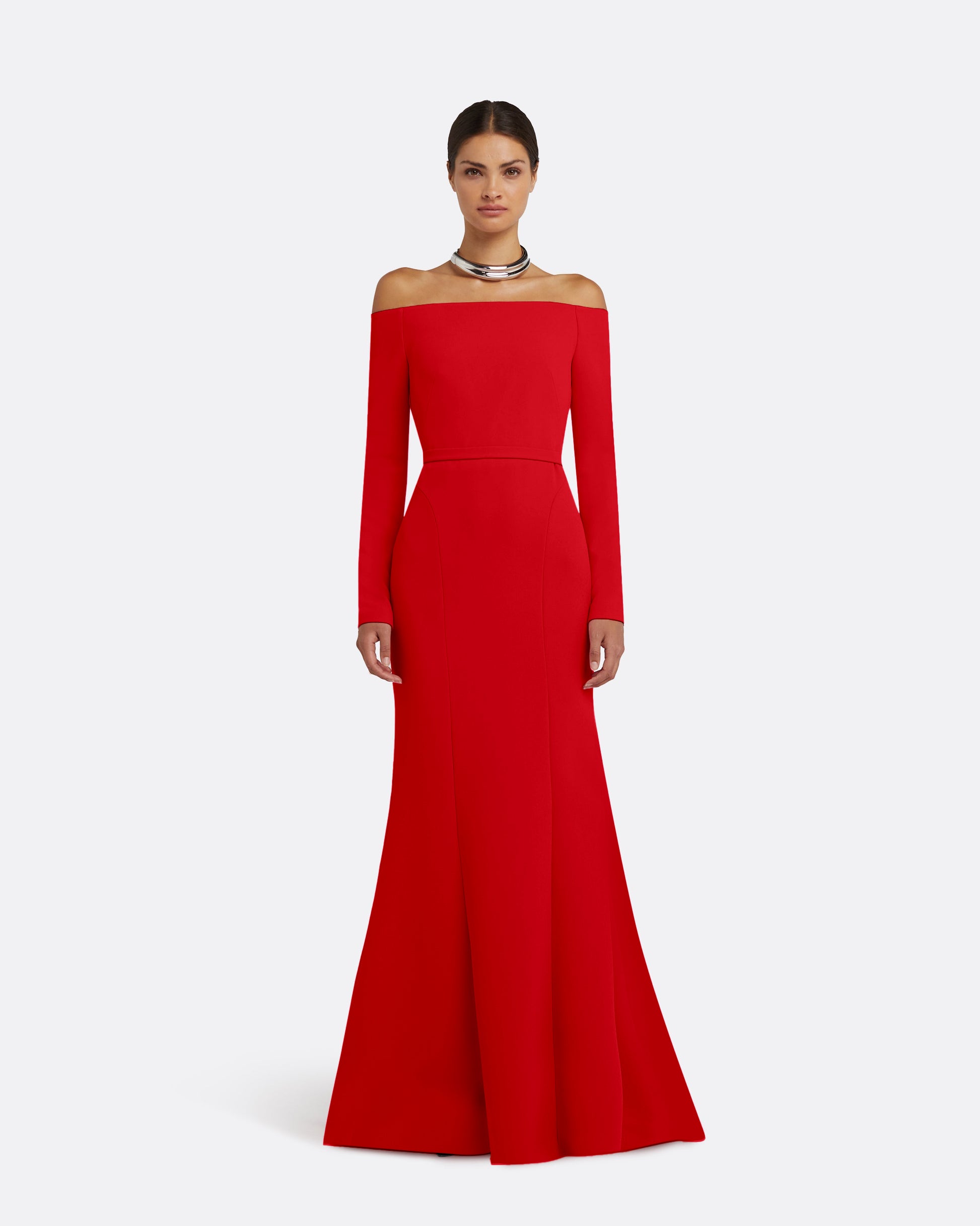 Red off-shoulder gown on a white background