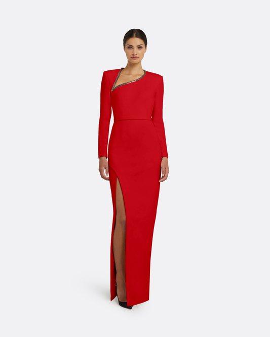 Red evening gown with a high slit