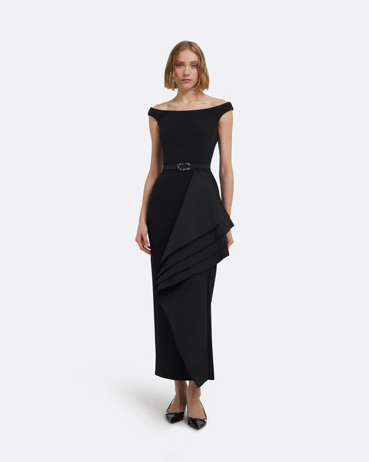 Bree Midi Dress in Black with Embellished Belt