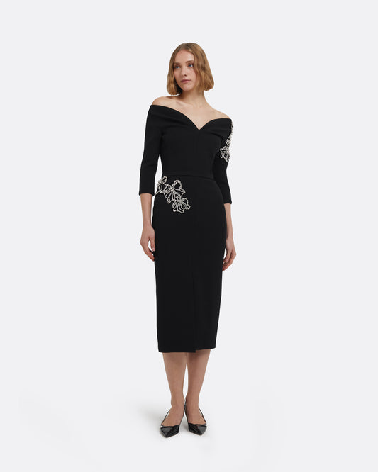 Linda Midi Dress in Black with Crystal Embellishments