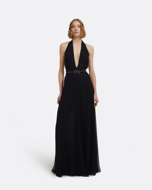 Morgana Long Dress in Black with Embellished Belt