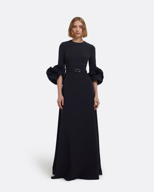 Belen Long Dress in Midnight Navy with Embellished Belt