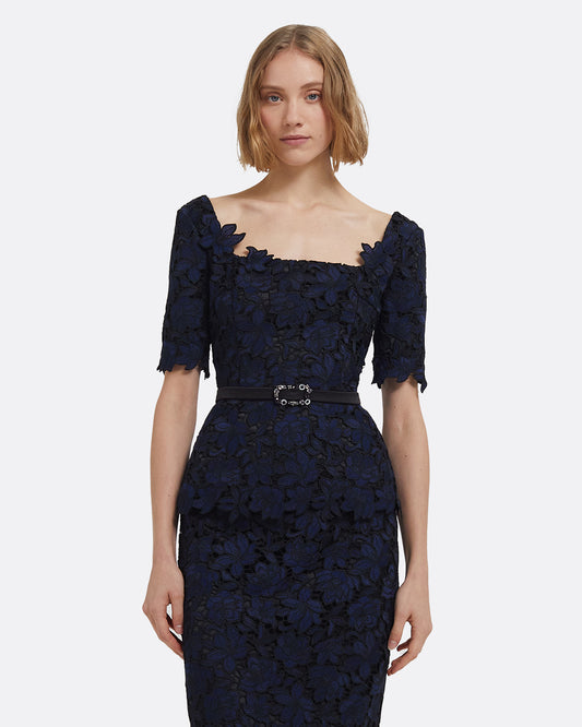 Lacey Top in Black & Navy with Gunmetal Embellishment