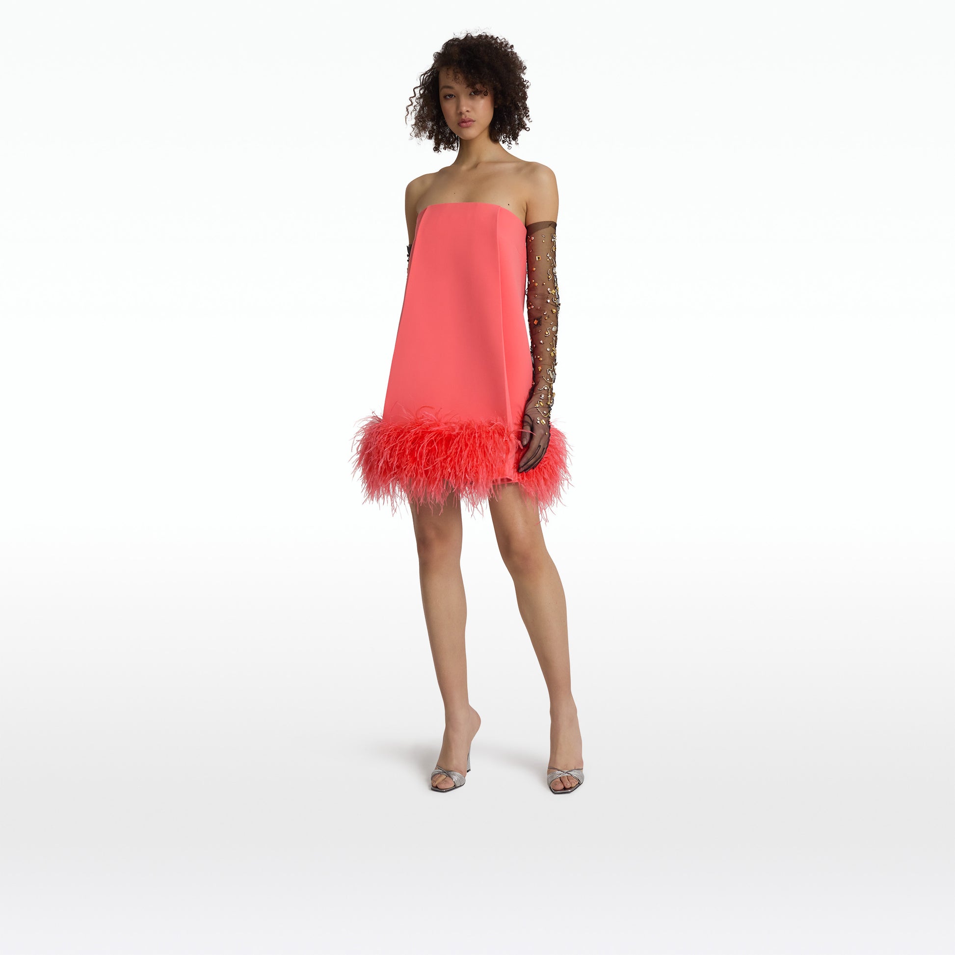 SQFMD495A-0Y - Velvet and Sequin Ostrich Feather Trim Dress