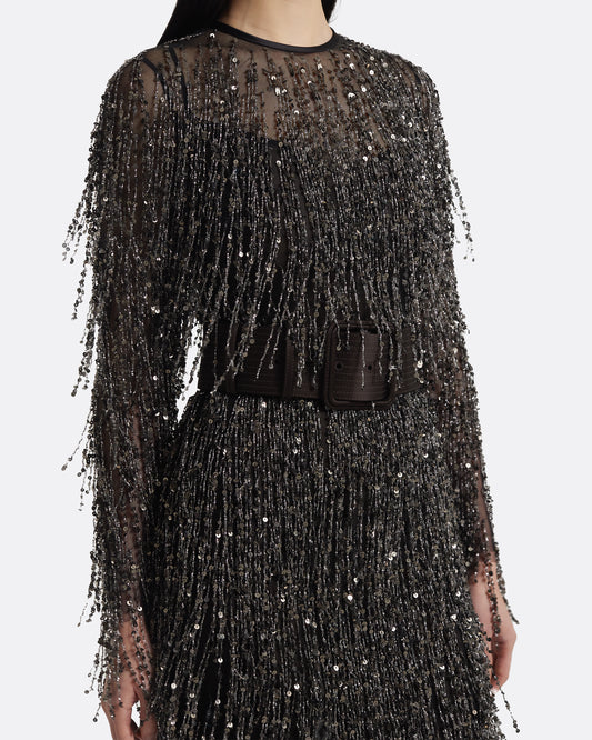 Lyran Midi Dress in Peat Brown on Black with Gunmetal