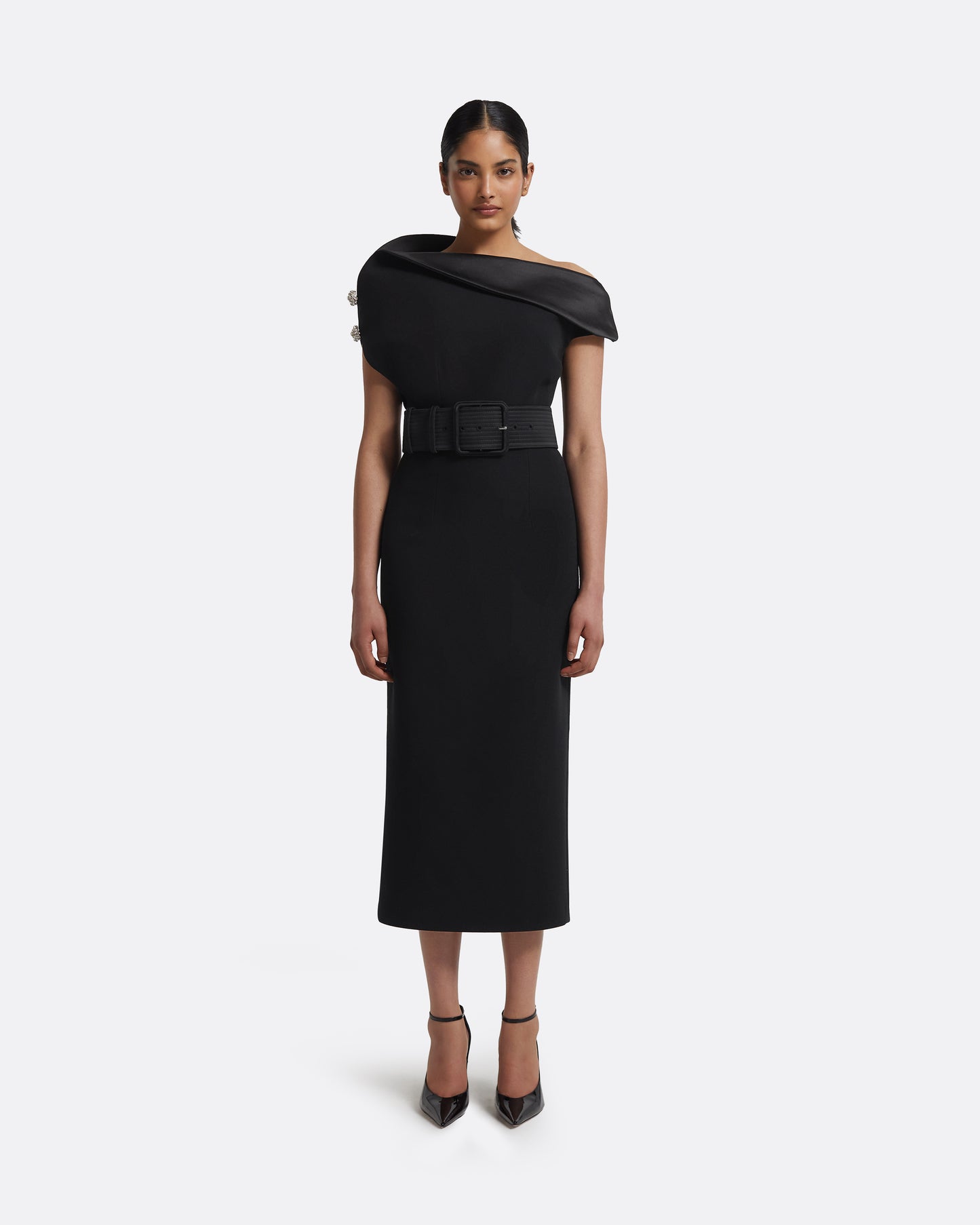 Reina Dress in Black with Crystal and Belt
