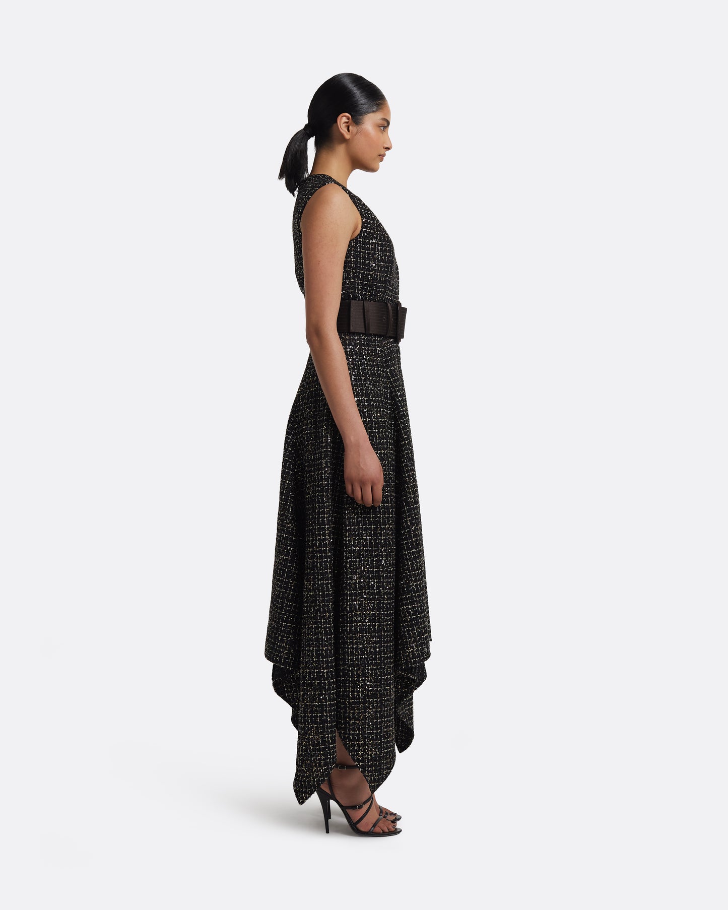 Okimi Dress in Peat Brown On Black & Gold