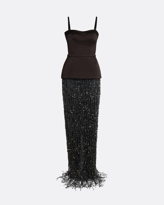 Saori Long Dress in Peat Brown On Black