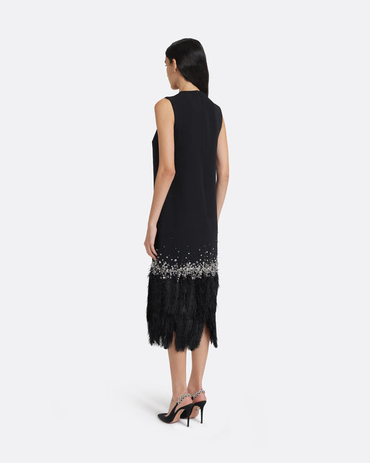 Ripa Midi Dress in Black with Feathers