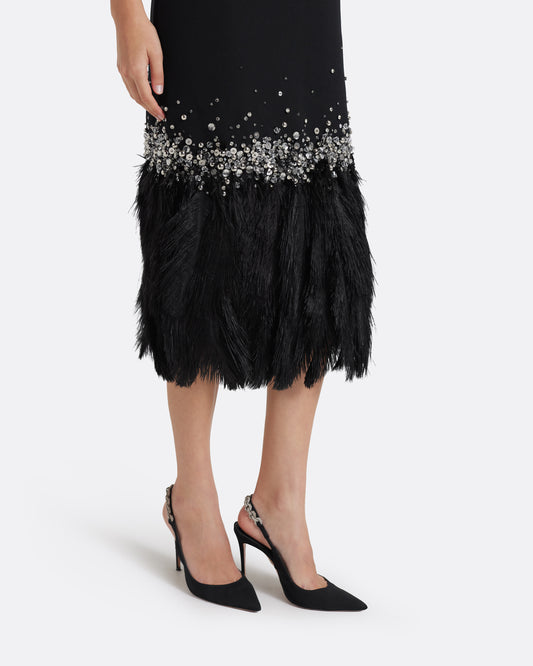 Ripa Midi Dress in Black with Feathers