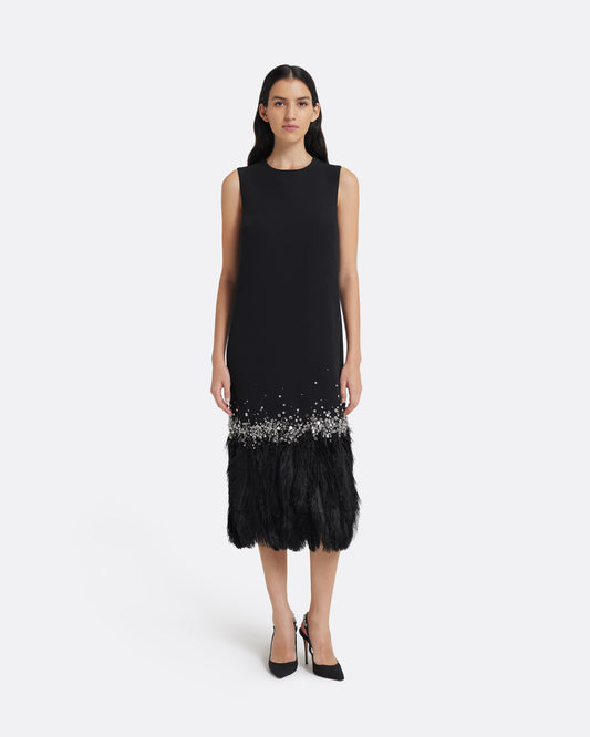 Ripa Midi Dress in Black with Feathers
