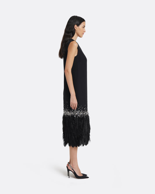 Ripa Midi Dress in Black with Feathers
