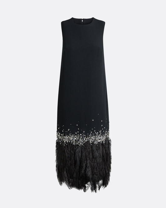 Ripa Midi Dress in Black with Feathers