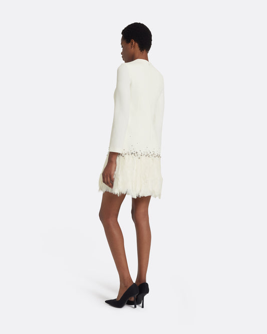 Reffie Short Dress in Ivory with Feathers