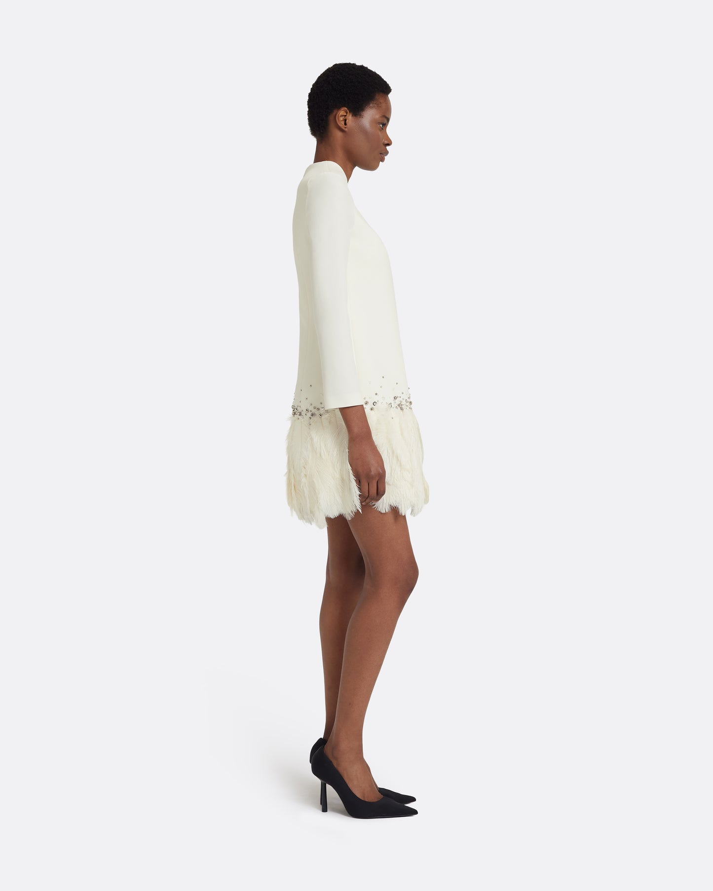 Reffie Short Dress in Ivory with Feathers