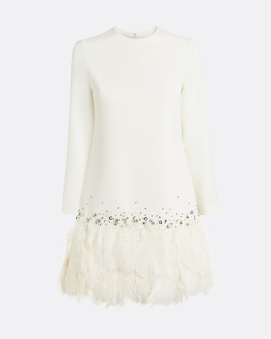 Reffie Short Dress in Ivory with Feathers