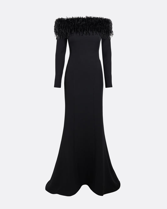 Swoosie Long Dress in Black with Fur