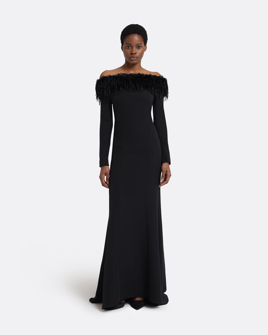 Swoosie Long Dress in Black with Fur