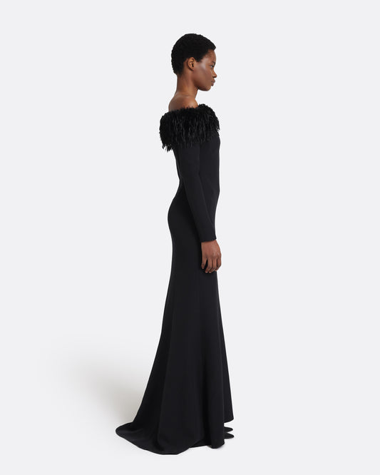 Swoosie Long Dress in Black with Fur