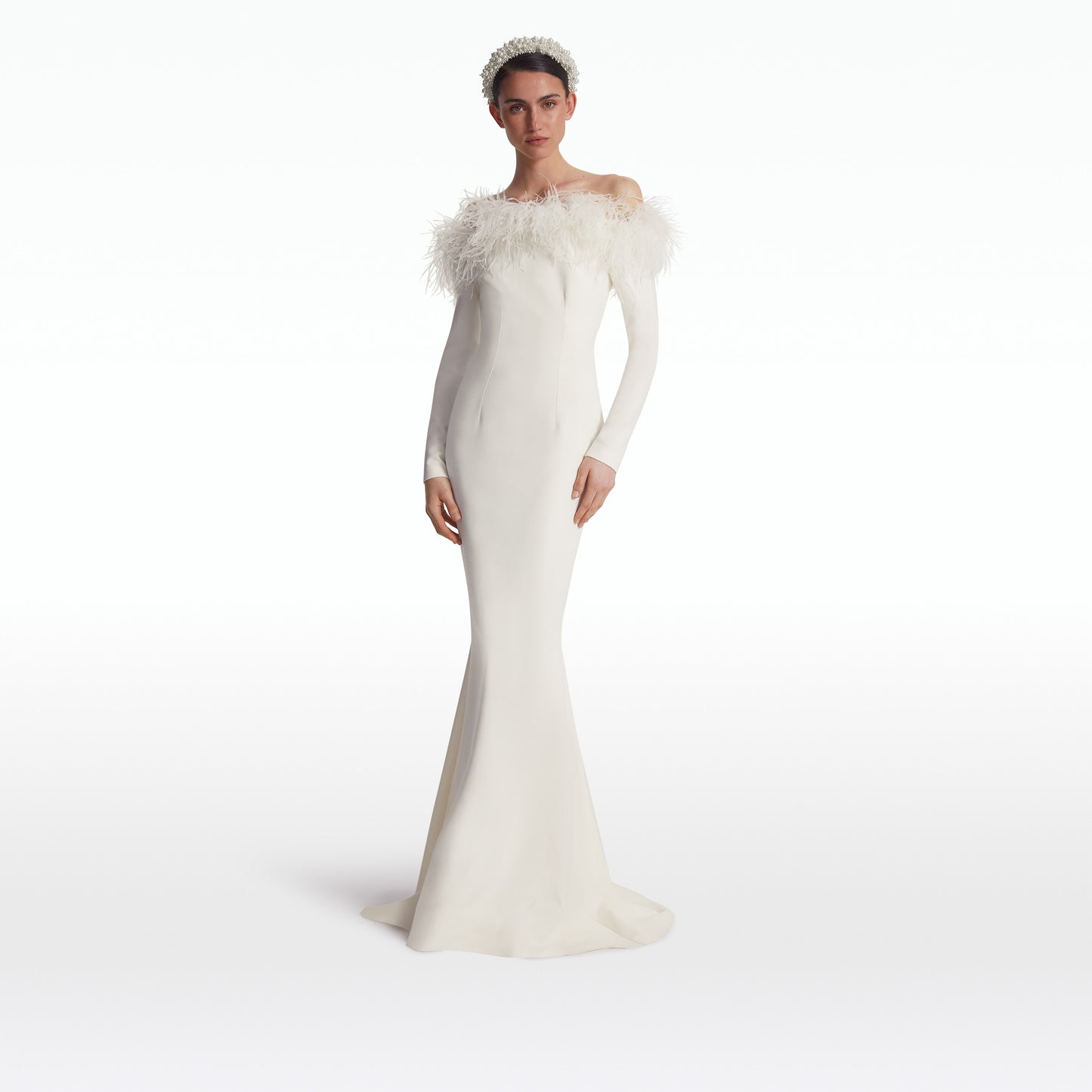 Starlana Ivory Feather-Trimmed Long Dress