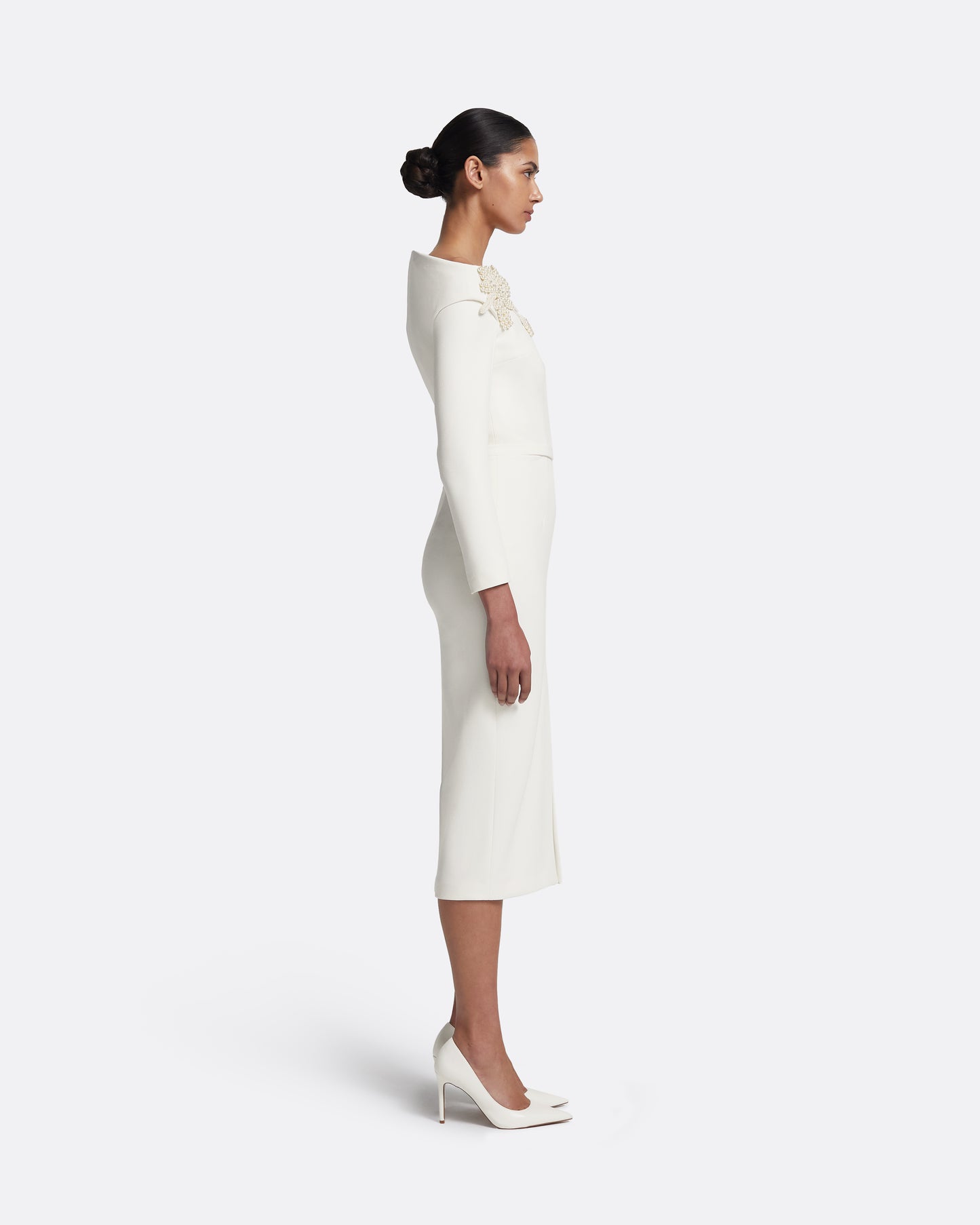 Asuman Midi Dress in Ivory with Pearl Embroidery