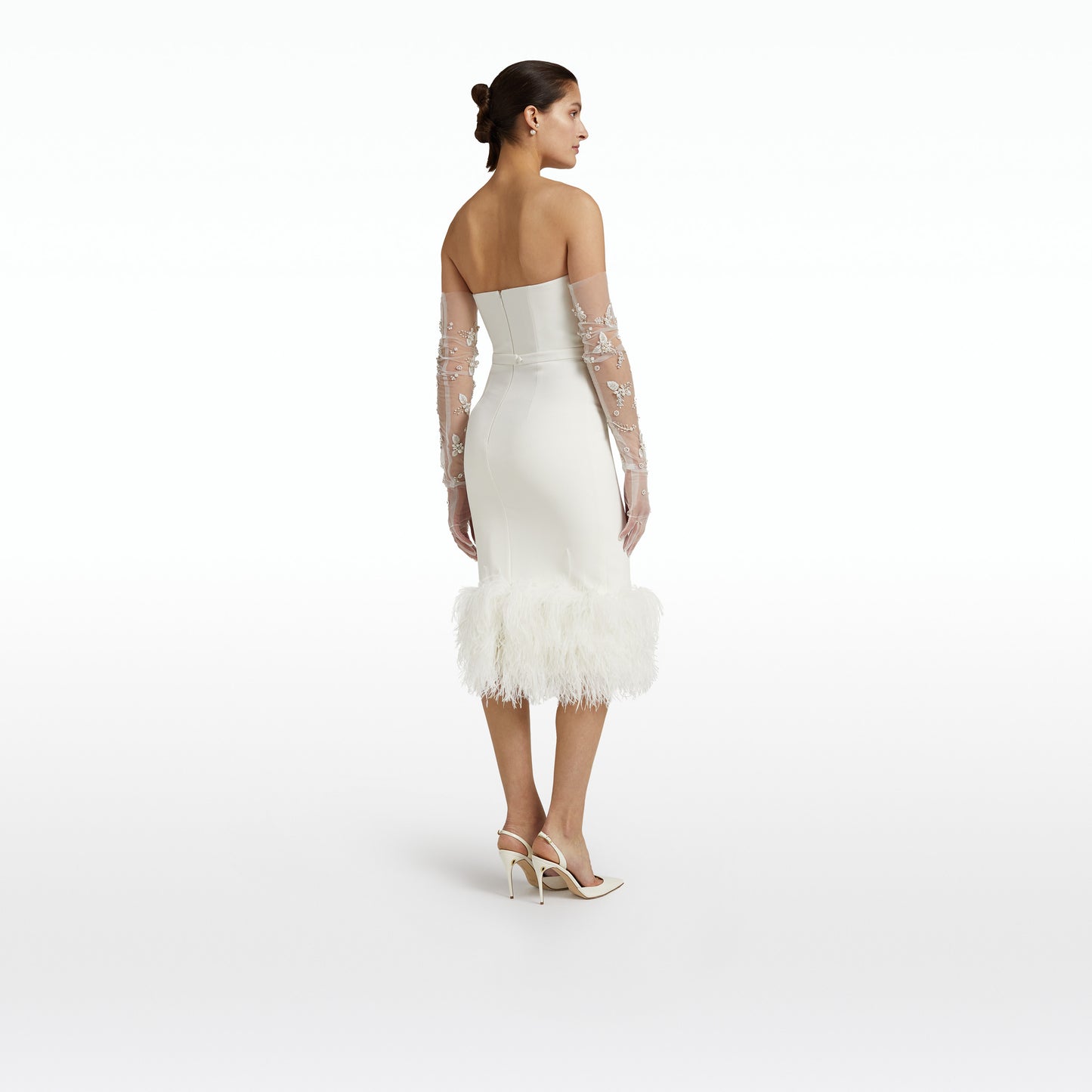 Oralie Ivory Feather Trimmed Midi Dress