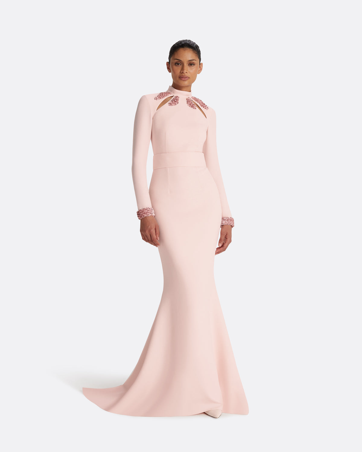 Kamala Pale & Curled Leaf Embroidery Long Dress