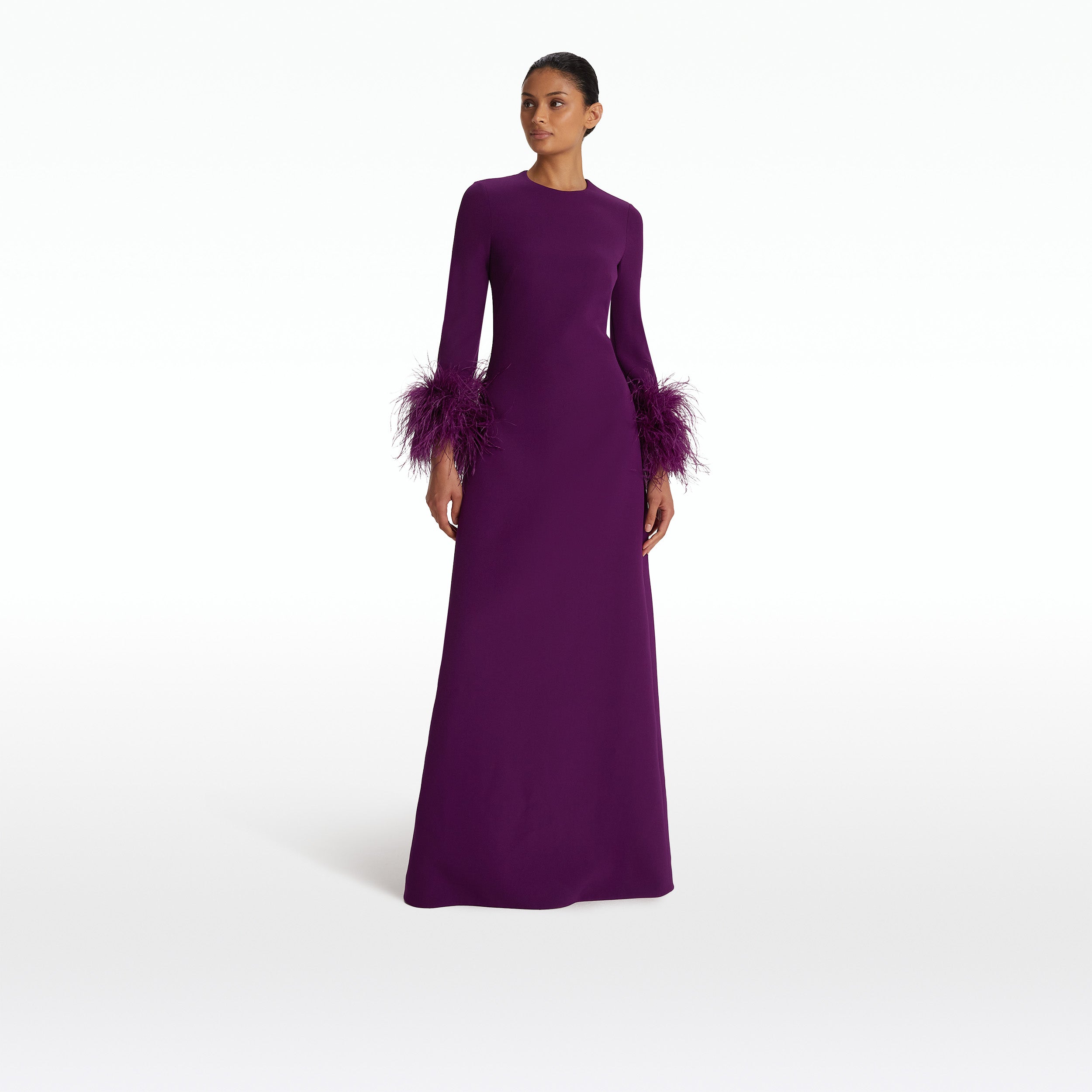 Renalla Currant Feather-Trimmed Long Dress