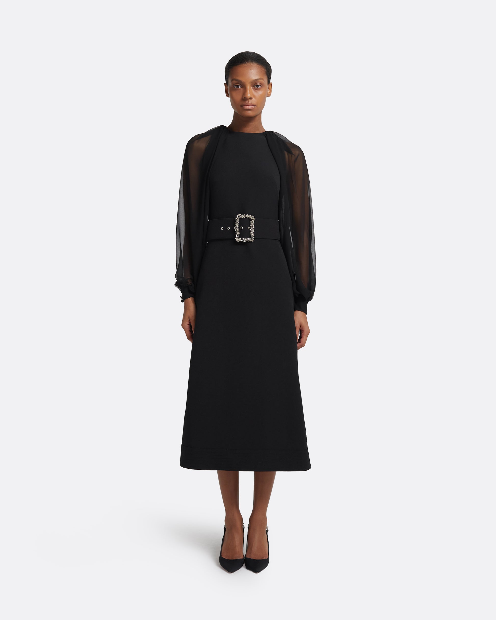 black crepe contrast chiffon midi dress Self-Portrait - Black Tailored Contrast Chiffon Midi Dress