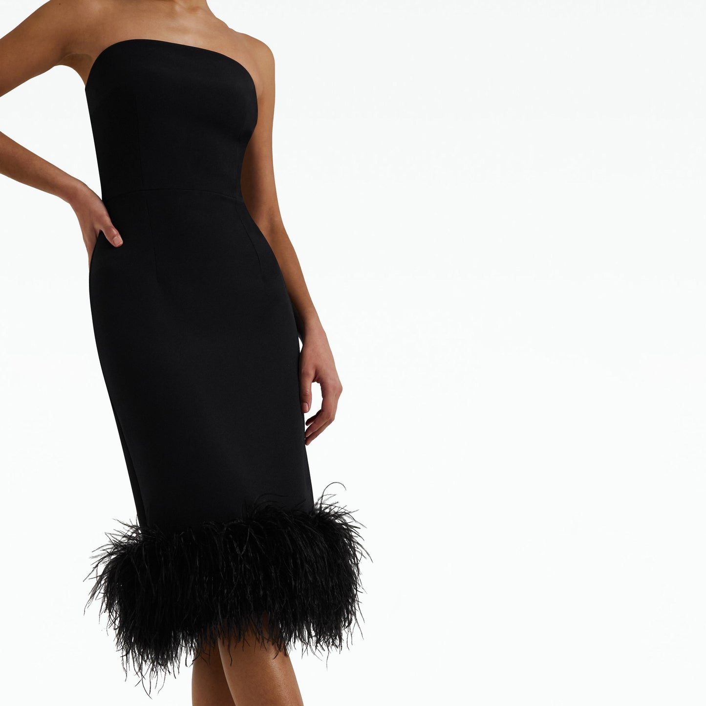Oralie Black Feather-Trimmed Midi Dress