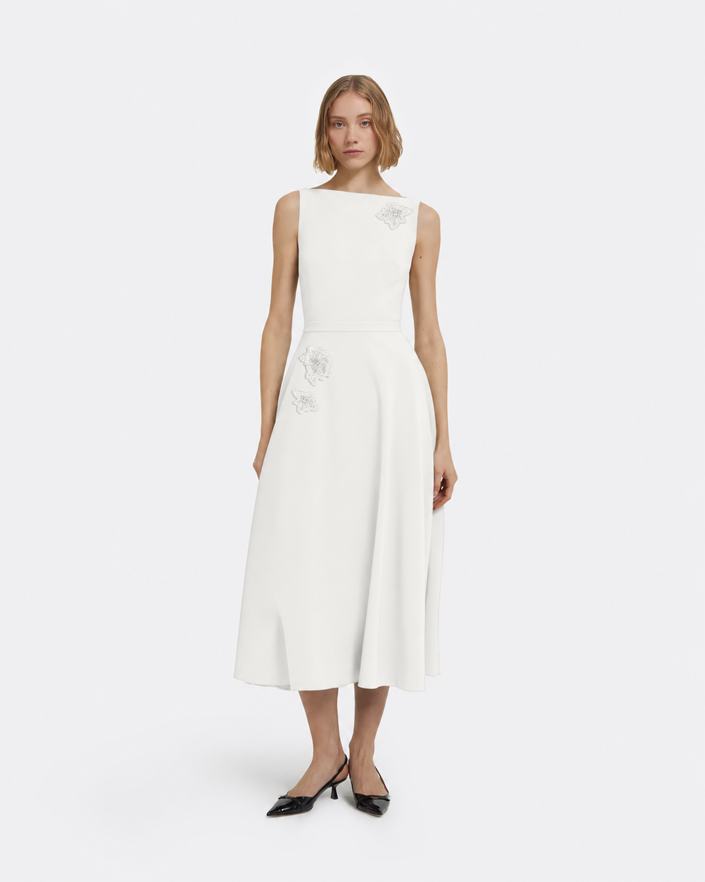 Ginny Midi Dress in Ivory with Pearl