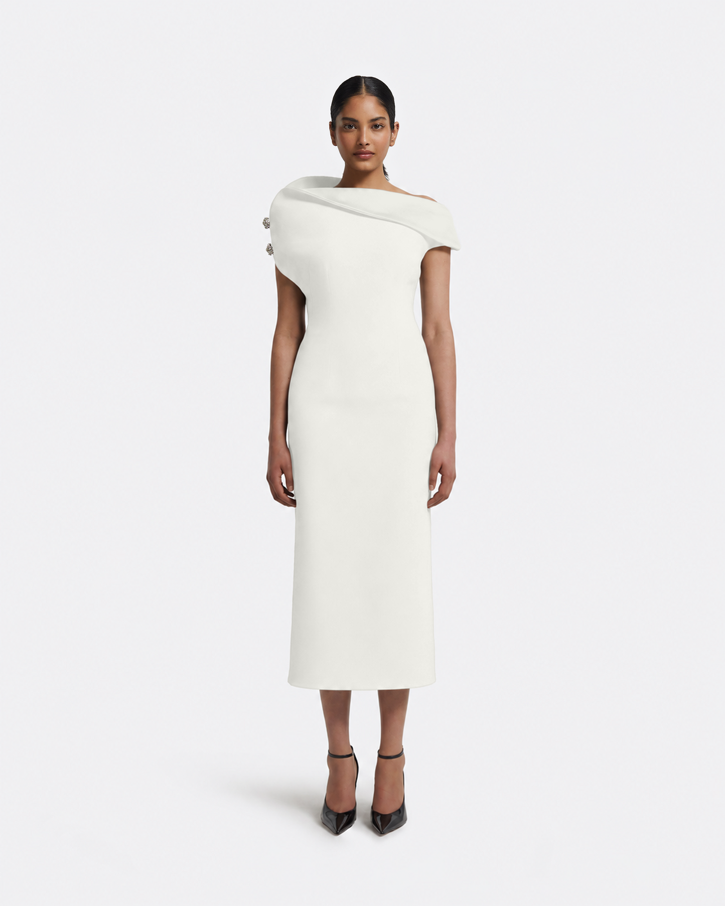 Reina Midi Dress in Ivory with Crystal