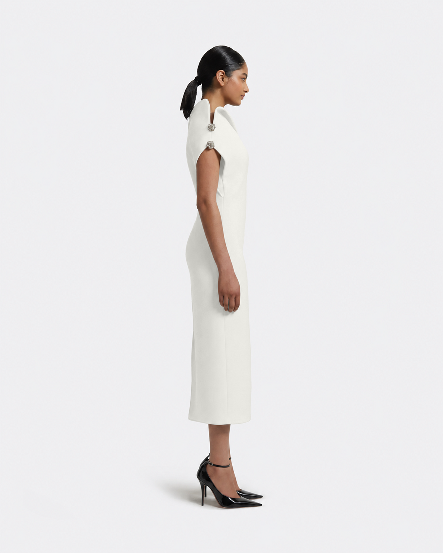 Reina Midi Dress in Ivory with Crystal