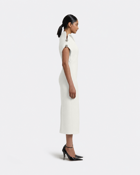 Reina Midi Dress in Ivory with Crystal