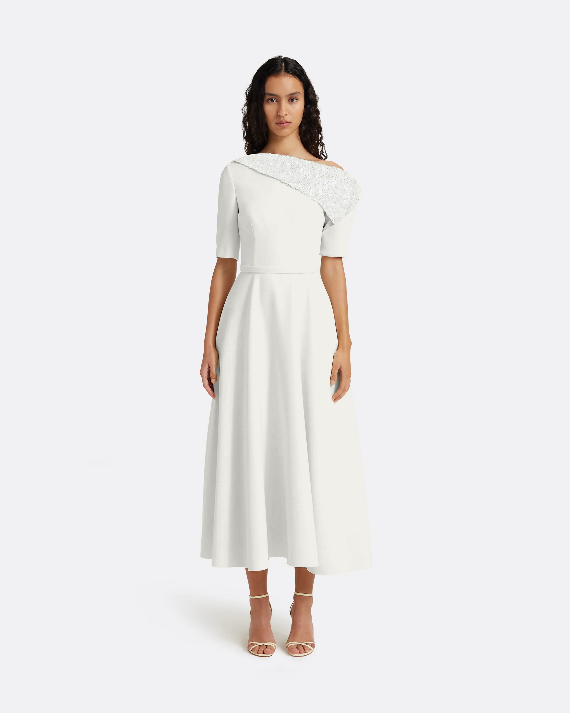 Melinda Midi Dress in Ivory with Pearl – Safiyaa London