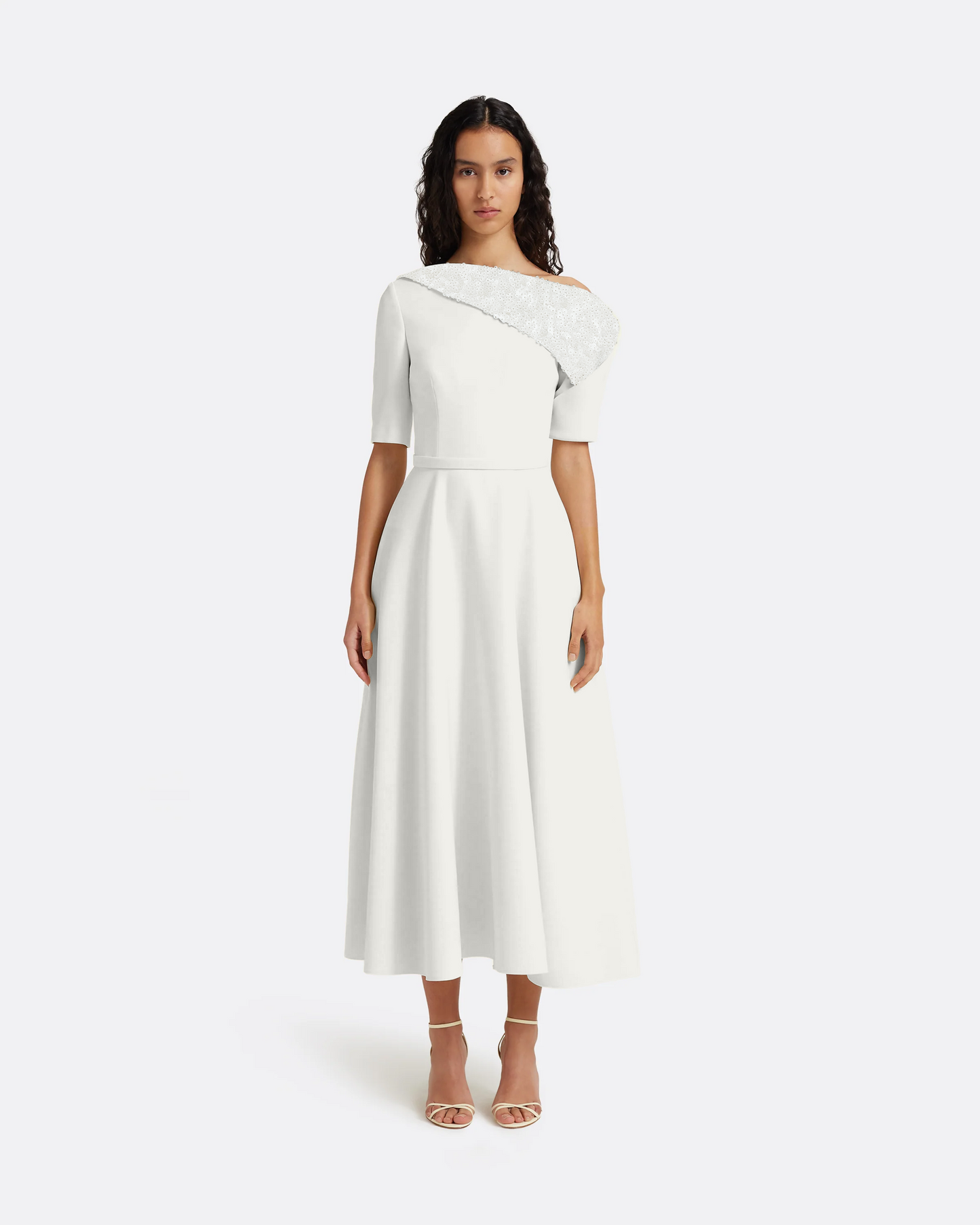 Melinda Midi Dress in Ivory with Pearl