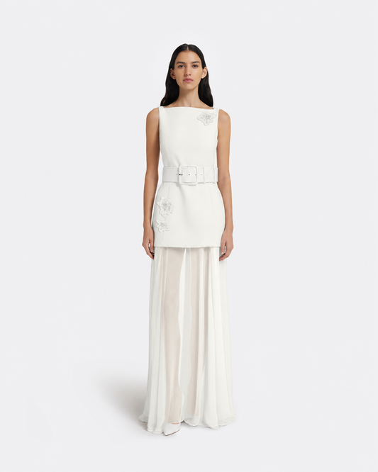 Minna Dress Long & Waltonz Belt in Ivory on Ivory with Pearl