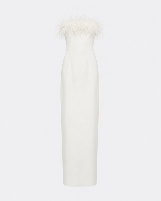 Azrael Long Dress in Ivory with Feathers