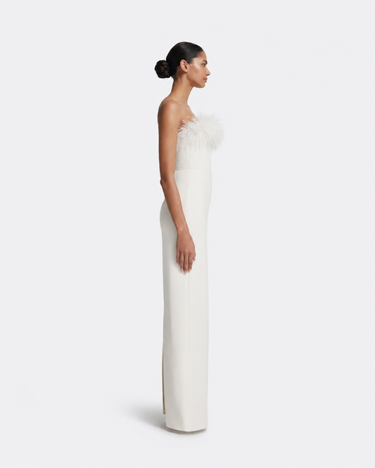 Azrael Long Dress in Ivory with Feathers